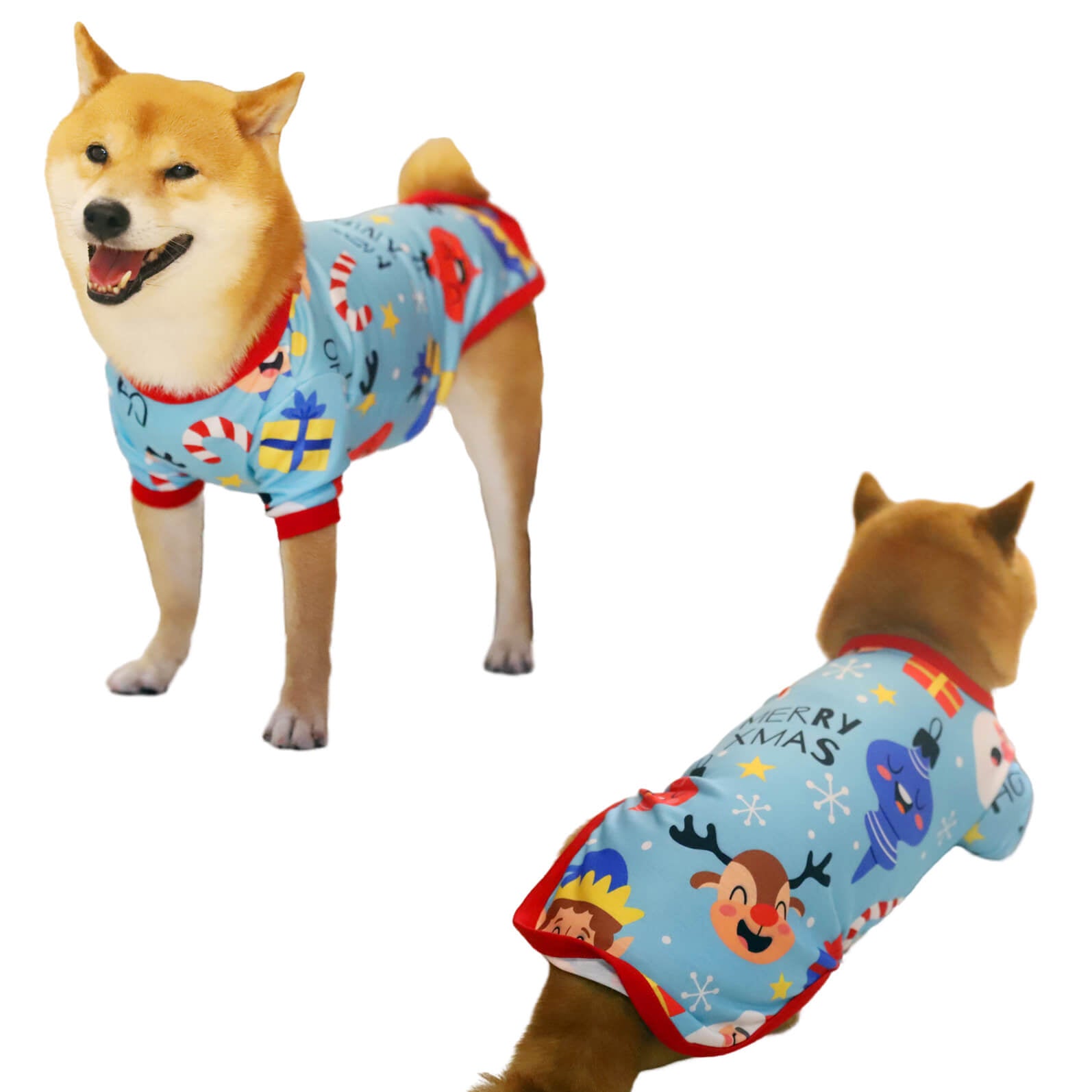 Merry Xmas Star Cartoon Character Gift Print Pet Pajamas Blue Dog Christmas Clothes
