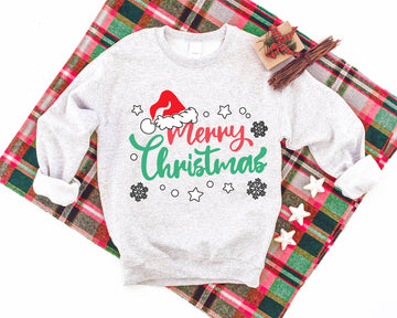 Christmas Hat Patterned and 'Merry Christmas' Letter Print Patterned Light-gray Color Casual Long Sleeve Sweatshirts  Family Matching Pajamas Tops With Dog Bandana