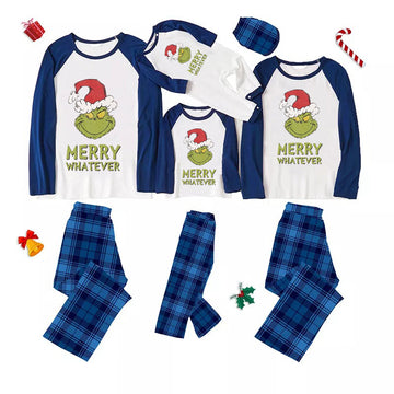 Christmas Cartoon and Letter Print Long Sleeve Top and Blue Plaid Pants Family Matching Pajamas