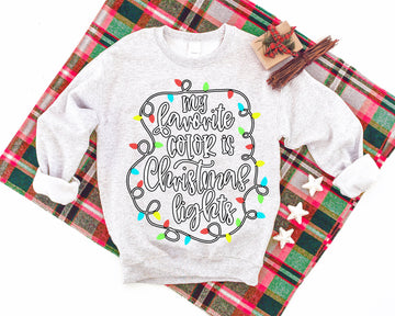 Christmas Lights Circle Patterned and 'My Favourite Color Is Chirstmas Lights' Letter Print Patterned Light-gray Color Casual Long Sleeve Sweatshirts  Family Matching Pajamas Tops With Dog Bandana