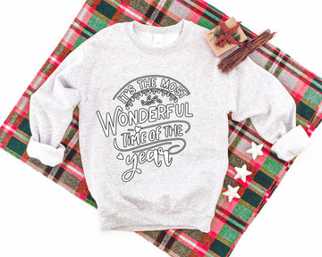 'It's The Wonderful Time Of The Year' Letter Print Patterned Light-gray Color Casual Long Sleeve Sweatshirts  Family Matching Pajamas Tops With Dog Bandana