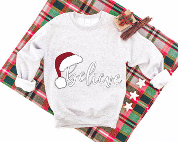 "BELIEVE" Letter Pattern Family Christmas Matching Pajamas Tops Cute Light-gray Long Sleeve Sweatshirt With Dog Bandana