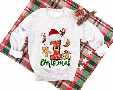 Christmas Elements Patterned and '1st Christmas' Letter Print Patterned Light-gray Color Casual Long Sleeve Sweatshirts  Family Matching Pajamas Tops With Dog Bandana