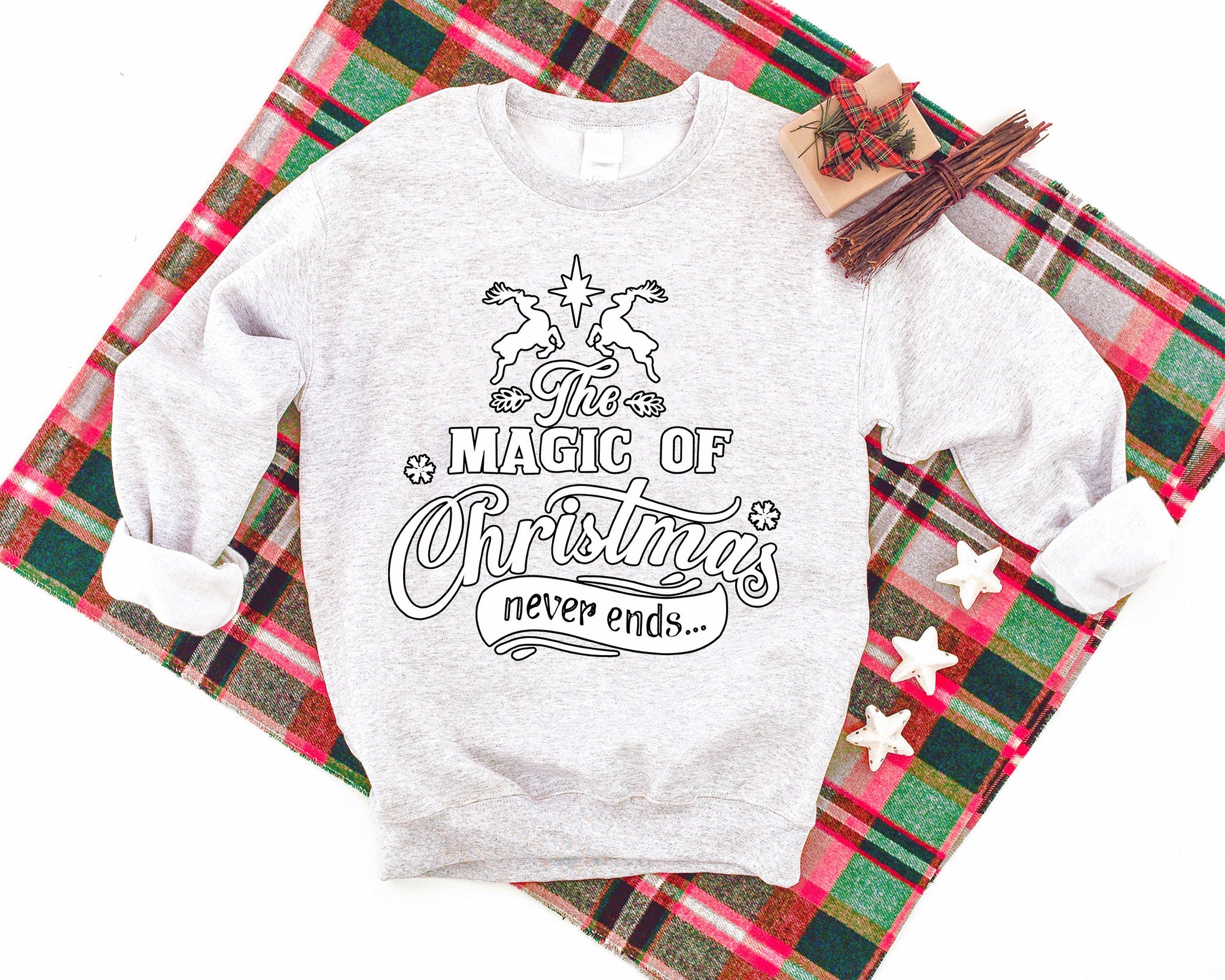 Two Christmas Reindeer Patterned and 'The Magic Of Christmas Never End..' Letter Print Patterned Light-gray Color Casual Long Sleeve Sweatshirts  Family Matching Pajamas Tops With Dog Bandana