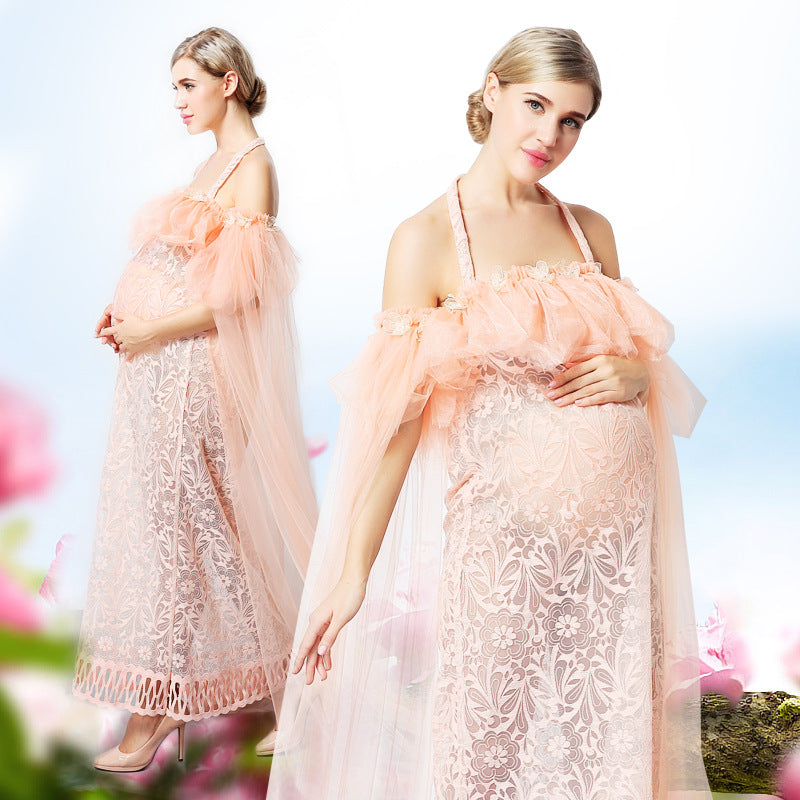 Maternity Off-shoulder Lace Dress with Chiffon Ribbon for Photoshoot