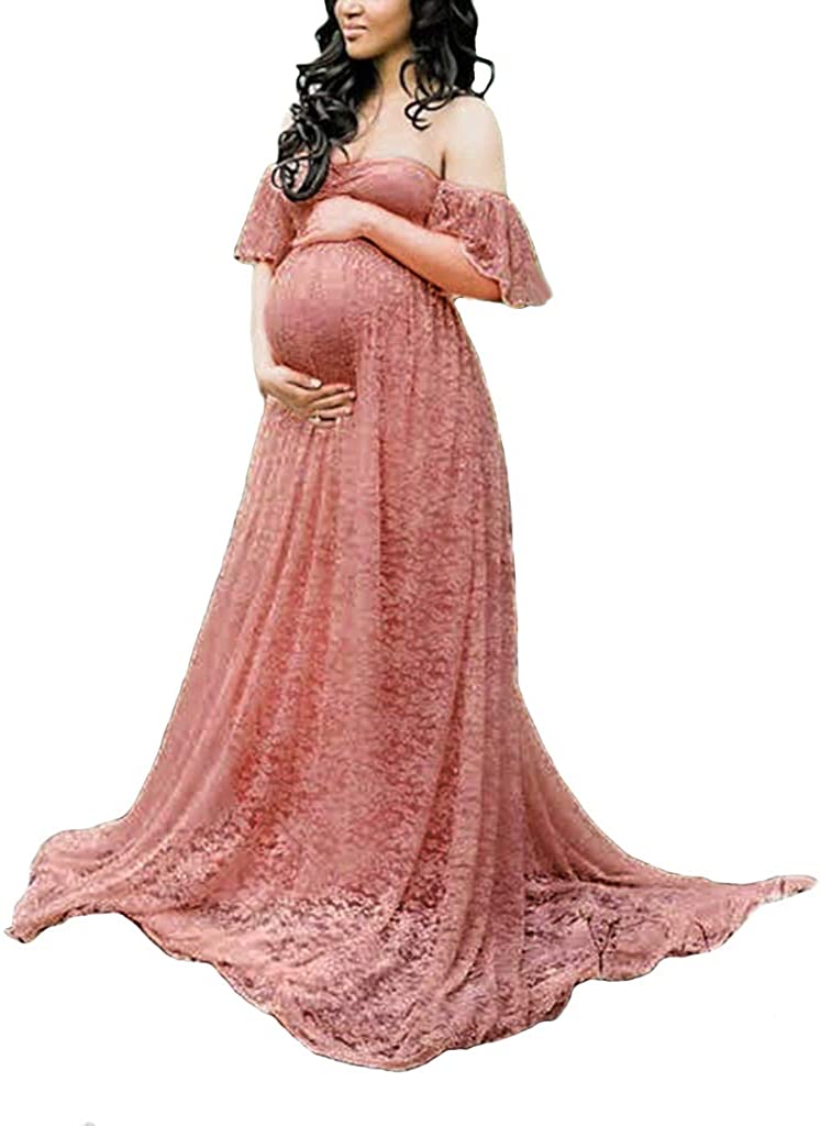 Maternity Fancy Floral Lace Dress Gown for Baby Shower Photoshoot