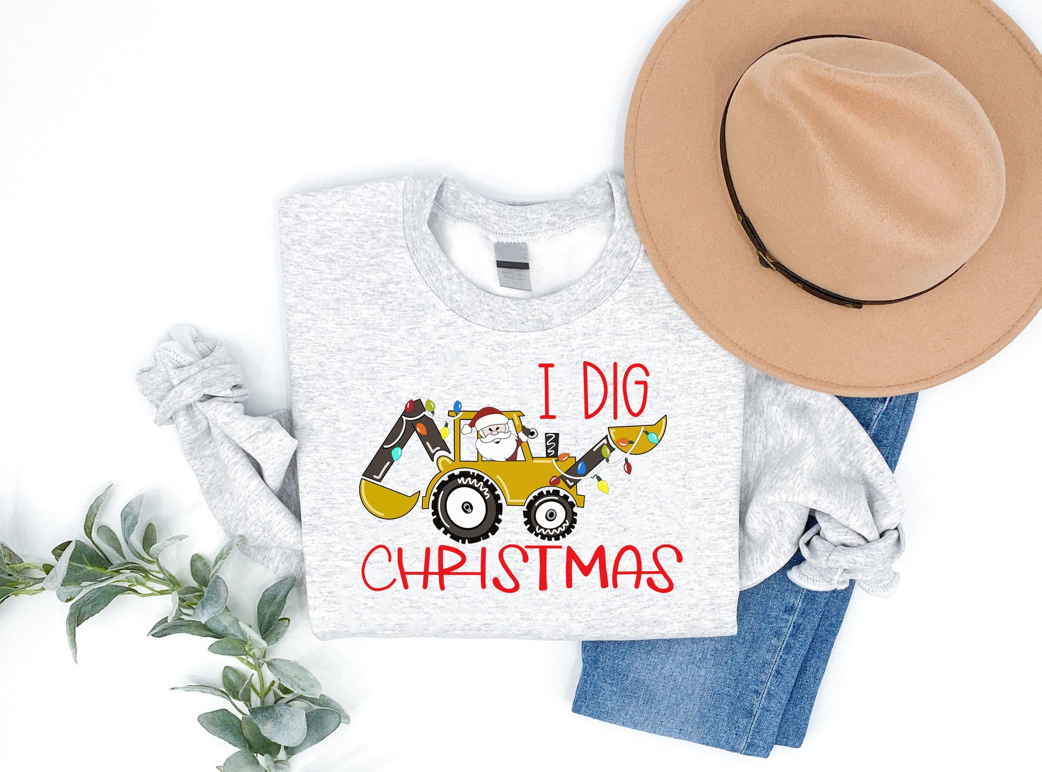 'I Dig Chirstmas'Letters And 'Excavator' Pattern Family Christmas Matching Pajamas Tops Cute Gray Long Sleeve Sweatshirts With Dog Bandana