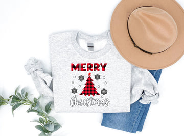 Red Christmas Tree Snowflake And 'Merry Christmas' Letter Print Patterned Gray Color Casual Long Sleeve Sweatshirts  Family Matching Pajamas Tops With Dog Bandana