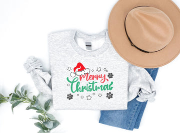 Christmas Hat Patterned and 'Merry Christmas' Letter Print Patterned Gray Color Casual Long Sleeve Sweatshirts  Family Matching Pajamas Tops With Dog Bandana