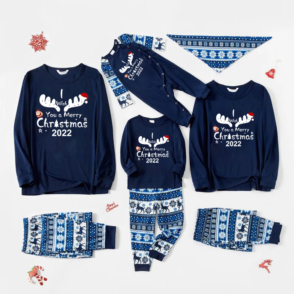 " I Wish You a Merry Christmas" Letter Print Family Matching Sleepwear Blue Pajamas Set