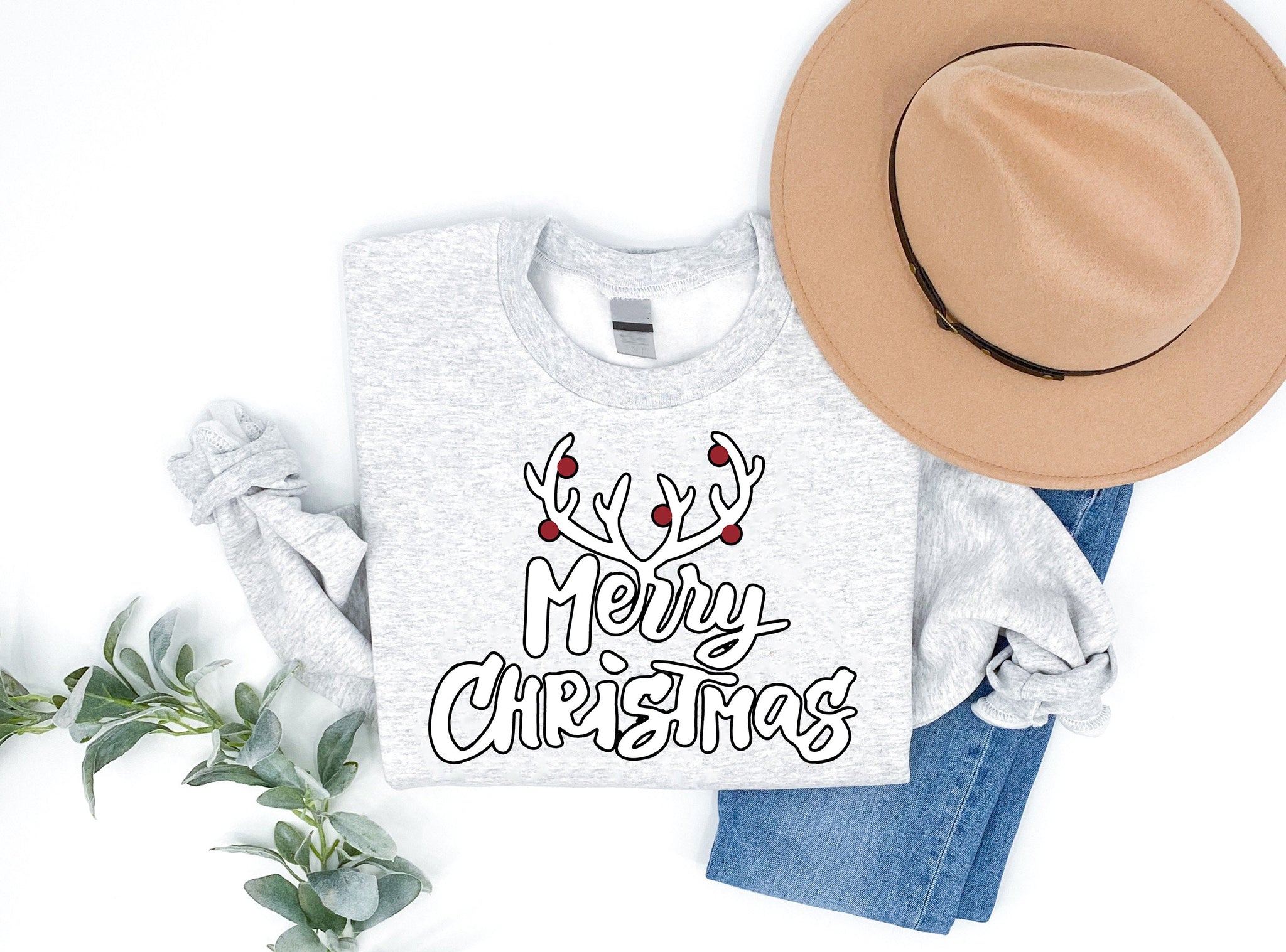 Christmas Reindeer Antlers 'Merry Chirstmas' Pattern Family Christmas Matching Pajamas Tops Cute Gray Long Sleeve Sweatshirts With Dog Bandana