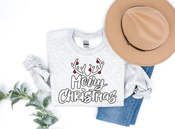 Christmas Reindeer Antlers 'Merry Chirstmas' Pattern Family Christmas Matching Pajamas Tops Cute Gray Long Sleeve Sweatshirts With Dog Bandana