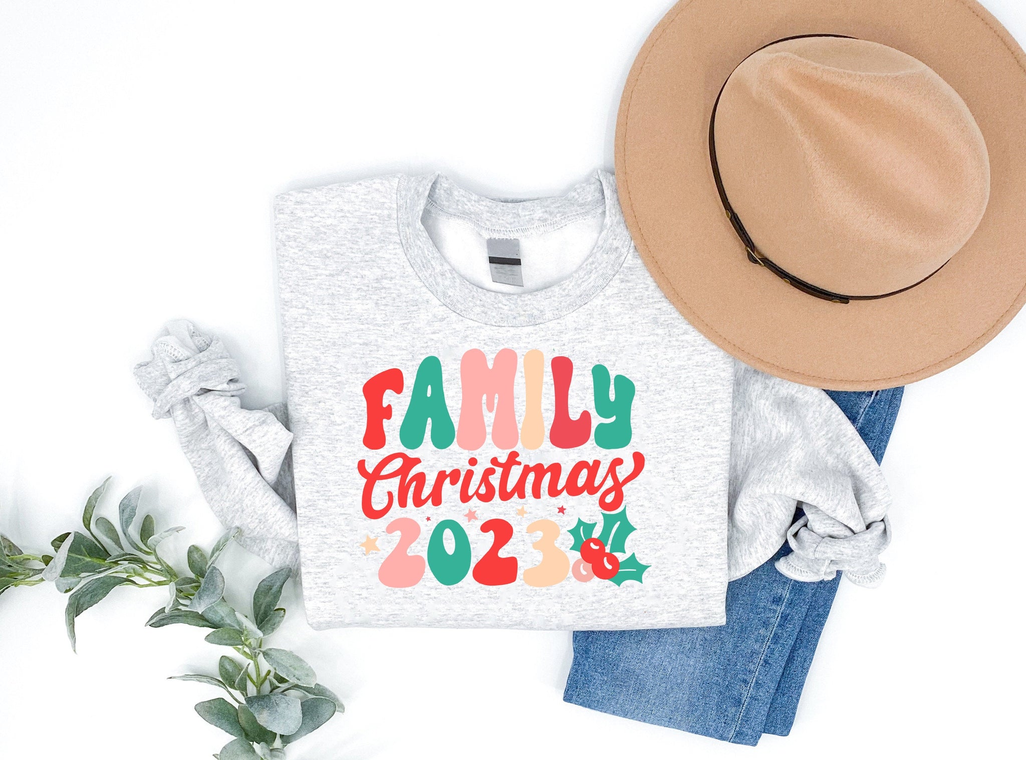 "FAMILY Chirstmas 2023"Colorful Letter Pattern Family Christmas Matching Pajamas Tops Cute Gray Long Sleeve Sweatshirt With Dog Bandana
