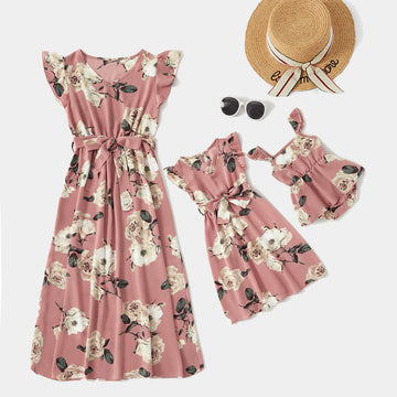 Floral Print Ruffle-sleeve Dresses for Mommy and Me