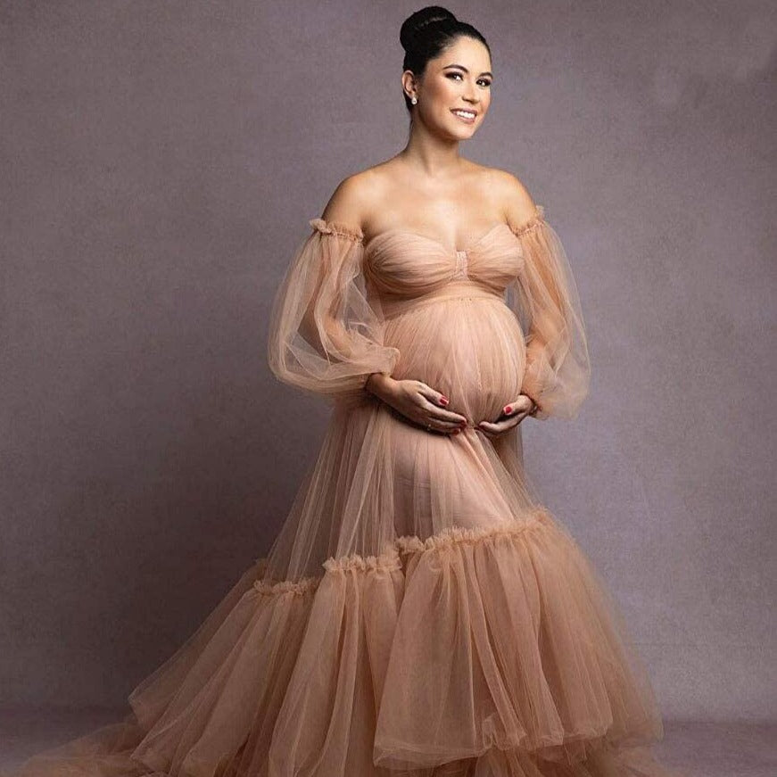 Women's Maternity Tulle Robe Sweetheart Long Sleeve Dress for Photoshoot