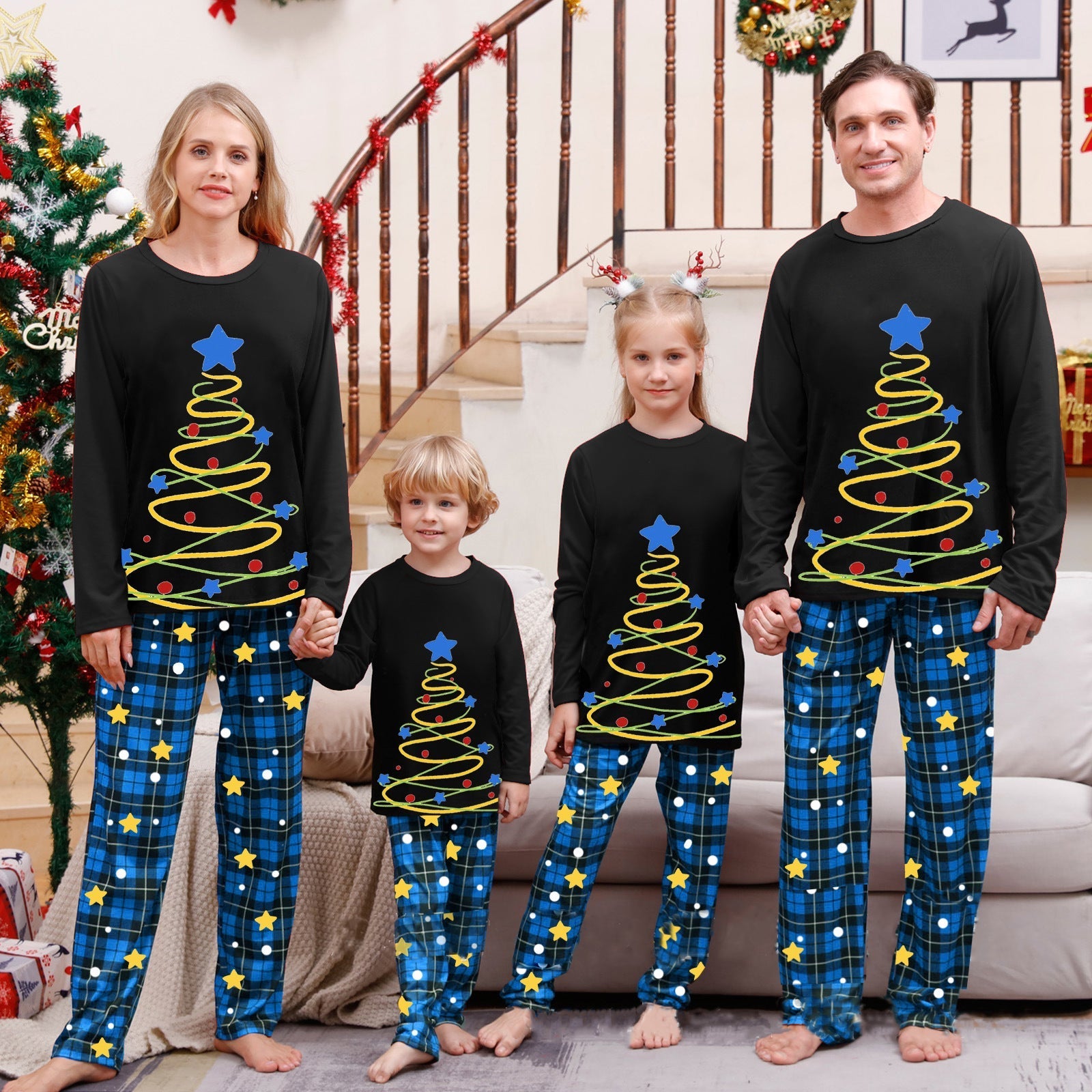 Christmas Tree Print Blue Plaid Pants Family Matching Pajamas Sets