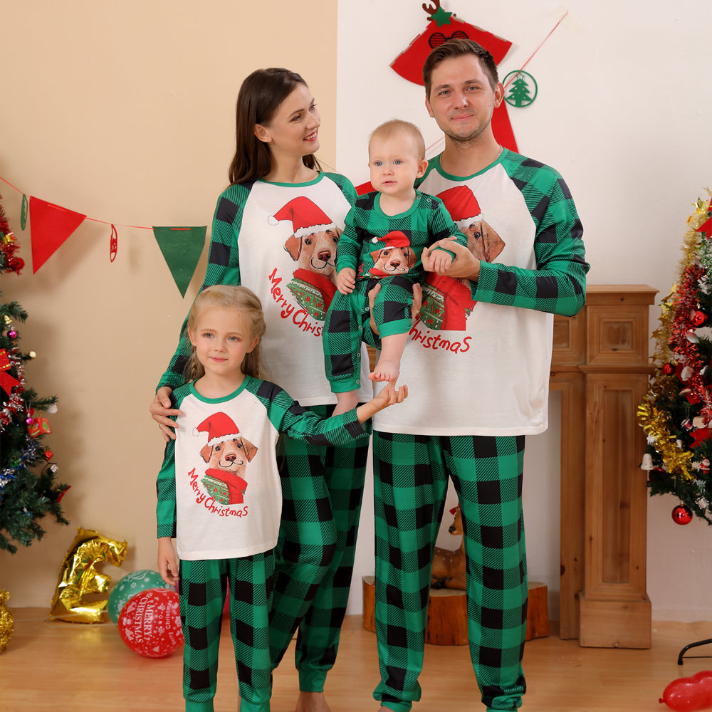 Christmas Dog Print Top and Green Plaid Pants Family Matching Long-sleeve Pajamas Sets