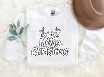 Christmas Reindeer Antlers 'Merry Chirstmas' Pattern Family Christmas Matching Pajamas Tops Cute White Long Sleeve Sweatshirts With Dog Bandana