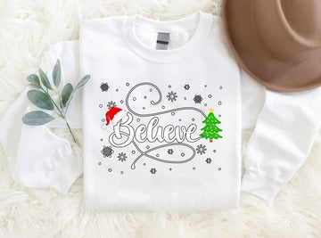 'Believe' White Letter Pattern Family Christmas Matching Pajamas Tops Cute White Long Sleeve Sweatshirts With Dog Bandana