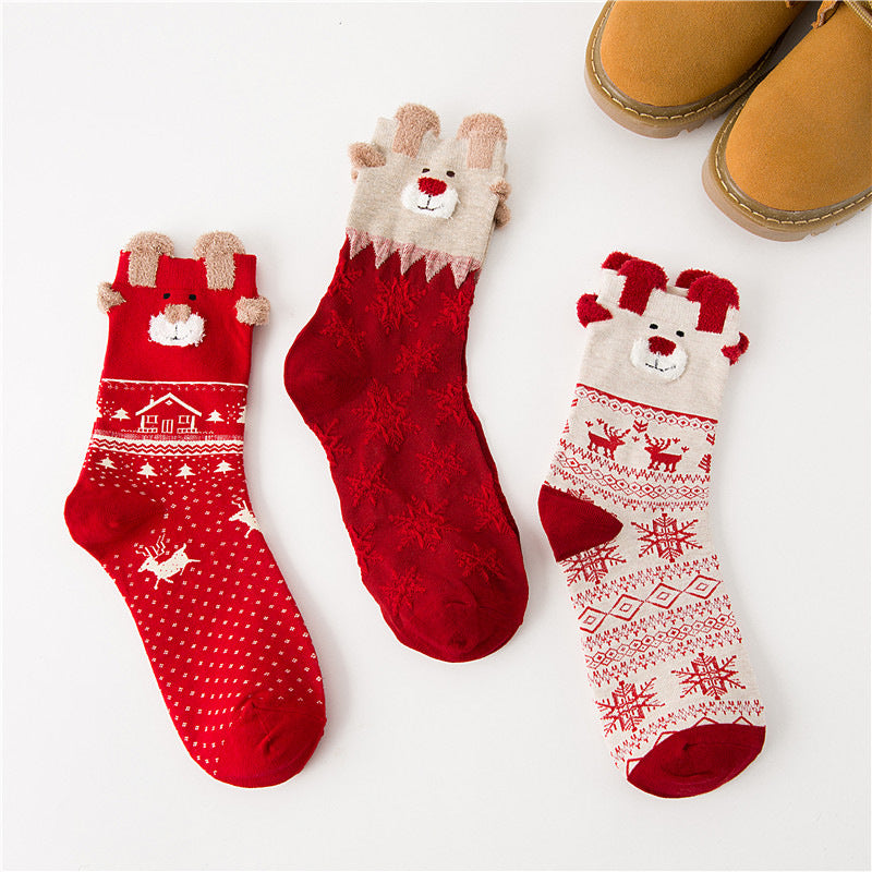 Women Christmas Socks Cute Cartoon Elk Socks 3 Pairs EJ518