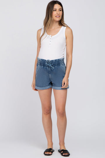 Medium Denim Smocked Waist Maternity Shorts