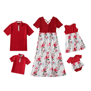 Family Matching Outfit Red Floral Print Dresses & T-shirts Sets