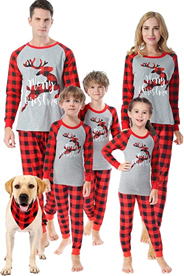 Family Matching Reindeer Print Plaid Christmas Pajamas Sets 713