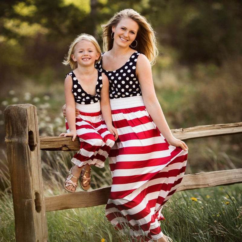 Polka Dot Stitching Stripe Dresses for Mommy and Me in Dark Blue (3600078930004)