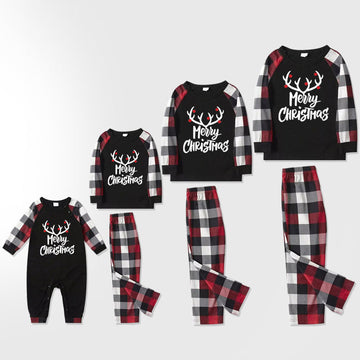 Merry Christmas Matching Family Pajamas Deer Print Black White Plaids Pajamas Set