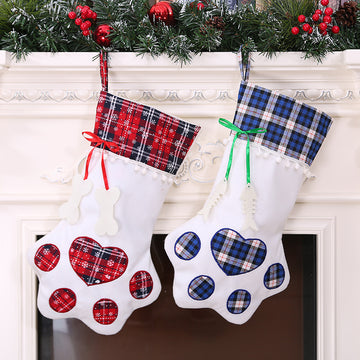 Christmas Tree Ornaments Love Dog Paw Red/Blue Plaid Christmas Stocking