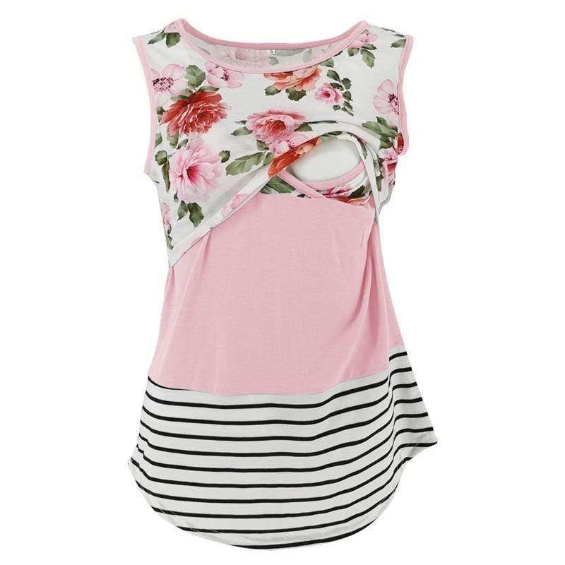 Sleeveless Floral Striped Lace Decor Maternity Nursing Top