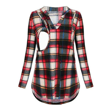 Stylish Plaid Long-sleeve Nursing Shirt