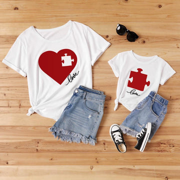 Love Print White Cotton T-shirts for Mom and Me