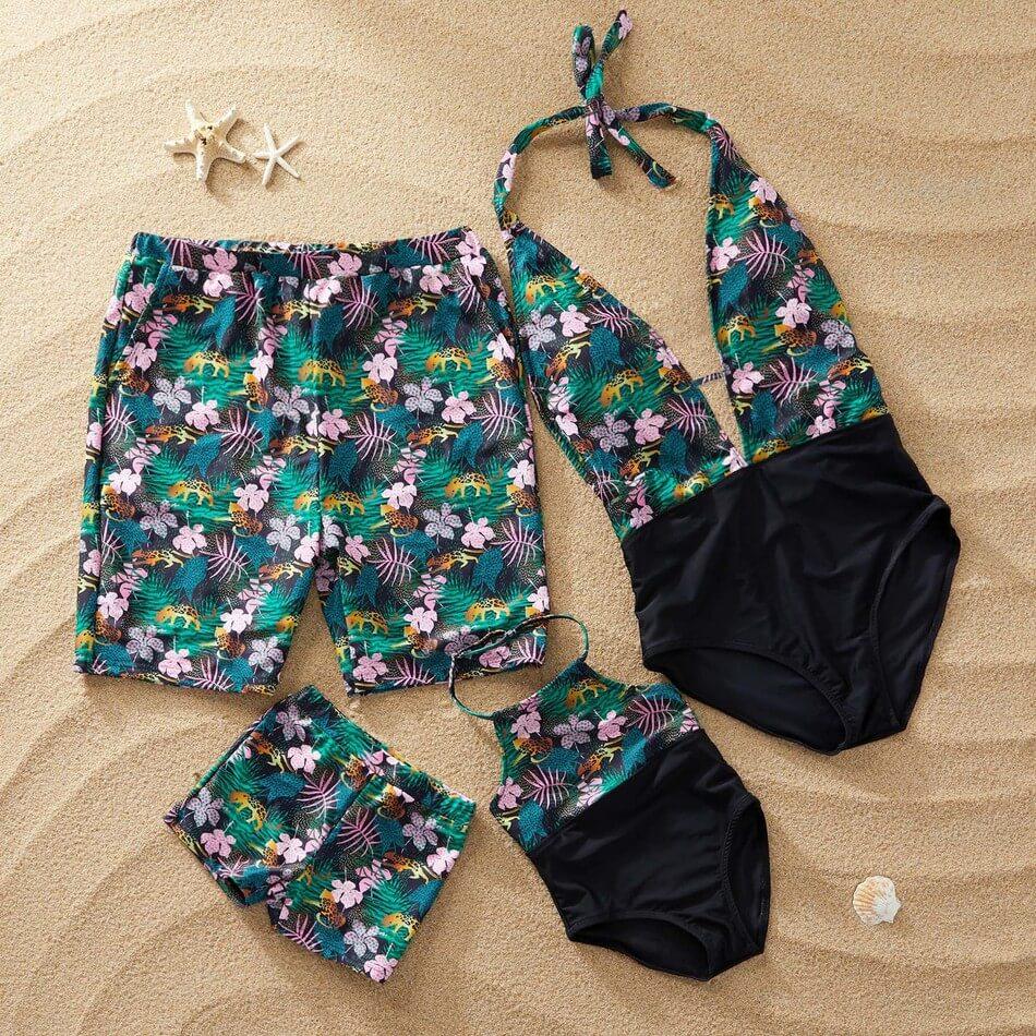 Deep V Floral Print Family Matching Swimsuit With Baby