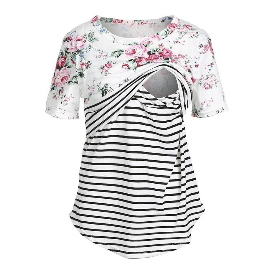 Striped Floral Short-sleeve Maternity Nursing Top