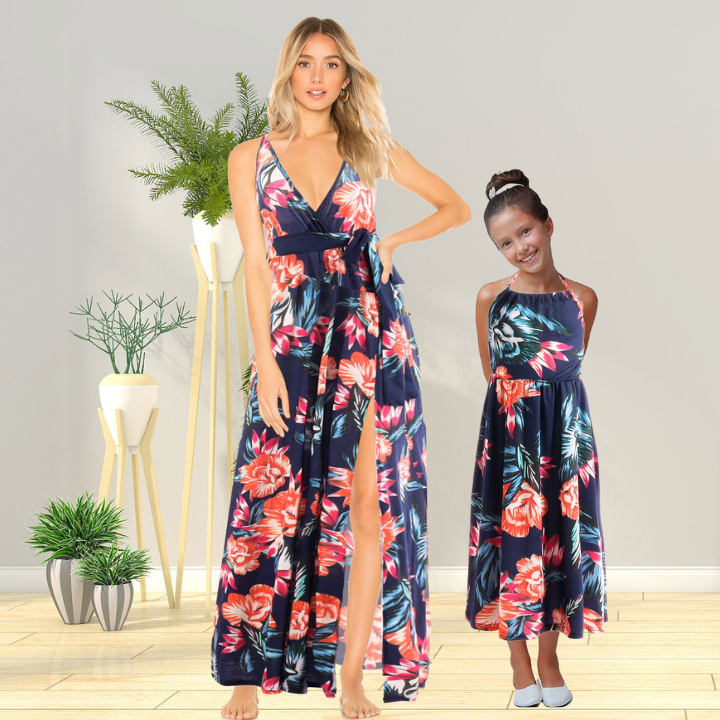 Mommy and Me Matching Dress V Neck Floral Dress
