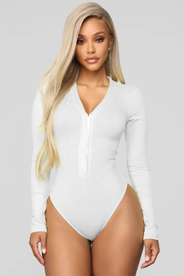 V-Neck Cotton Bodycon Long Sleeve White Bodysuit