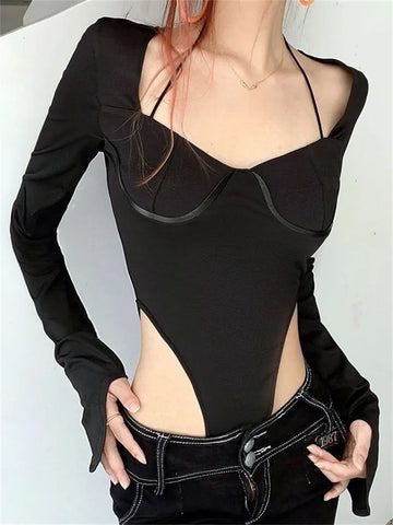 Women Gothic Grunge Punk Long Sleeve Lace Up Bodysuits