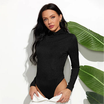 Long Sleeve Bodysuit Half Turtleneck Bright Silk Black