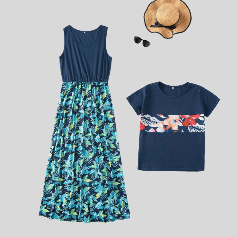 Mom and Son Matching Floral Print Summer Dresses & T-shirts Sets