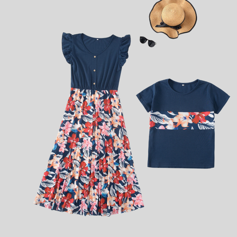 Mom & Son Floral Print Splicing Dark Blue Dresses and T-shirts Sets