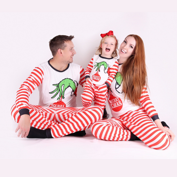 Merry Christmas Cartoon Print Family Matching Long-sleeve Red Stripe Pajamas
