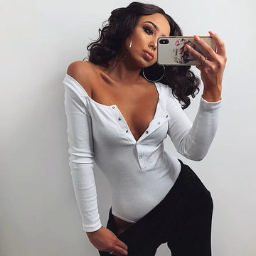 Women Ribbed Knitted Buttons Bodysuits Long Sleeve White Bodysuit