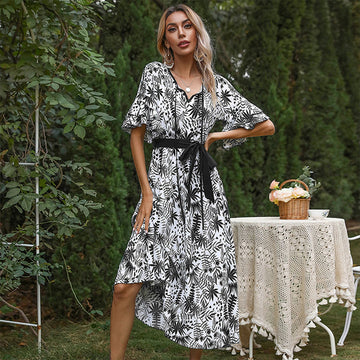 Women's Retro Printed Bohemian Lotus Leaf Sleeve Dress