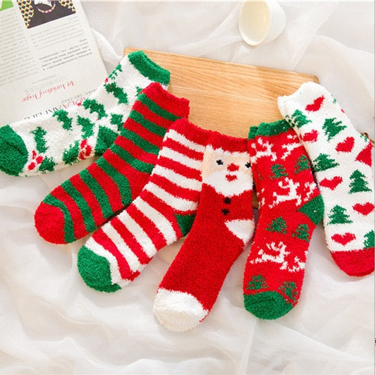 Christmas Women's Socks Coral Fleece Floor Cute Socks 6 pcs