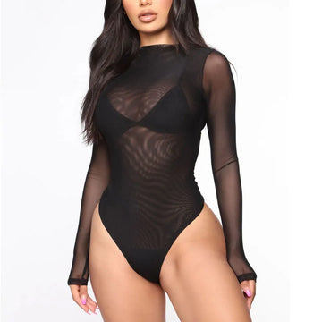 See Through Sexy Rompers Body Top Slim Mesh Long Sleeves Bodysuit