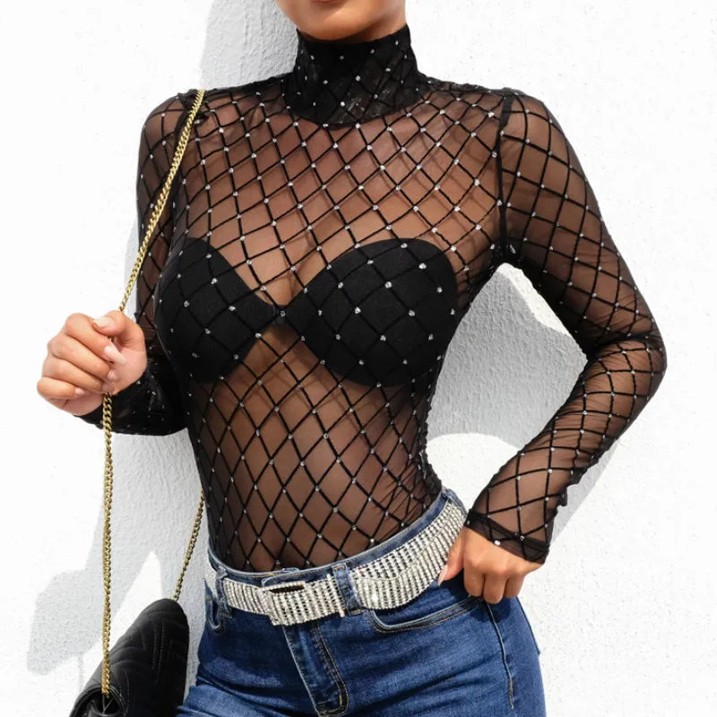 Fishnet Sexy Bodysuit Tops Women Mesh Sheer See Through Long Sleeve Bodysuits