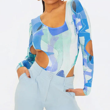 Tie Dye Print Women Long Sleeve Hollow Out Though Bodysuit