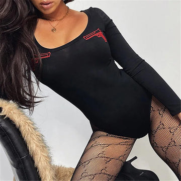 Embroidery Skinny Stretchy Bodycon Long Sleeve Bodysuit