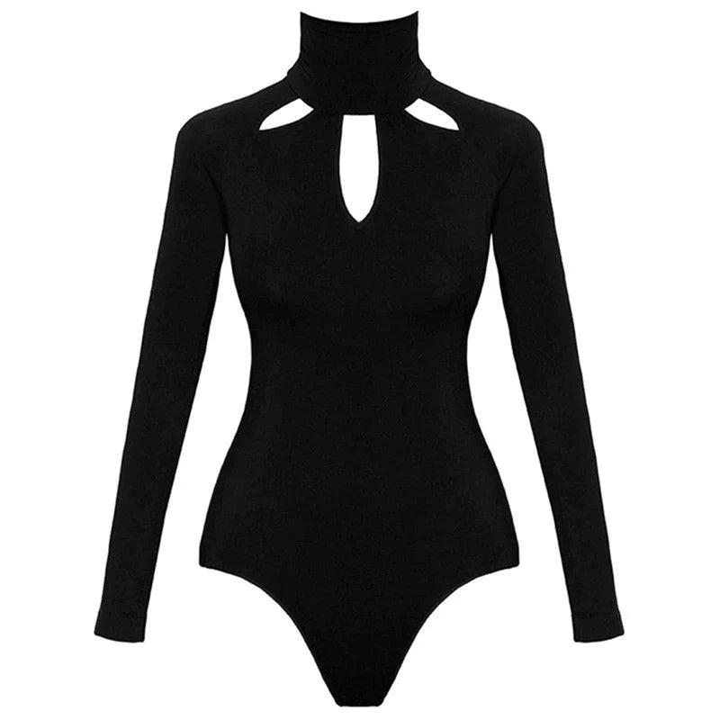 Women Black Mock Neck Long Sleeve Hollow Out Back Bodysuit
